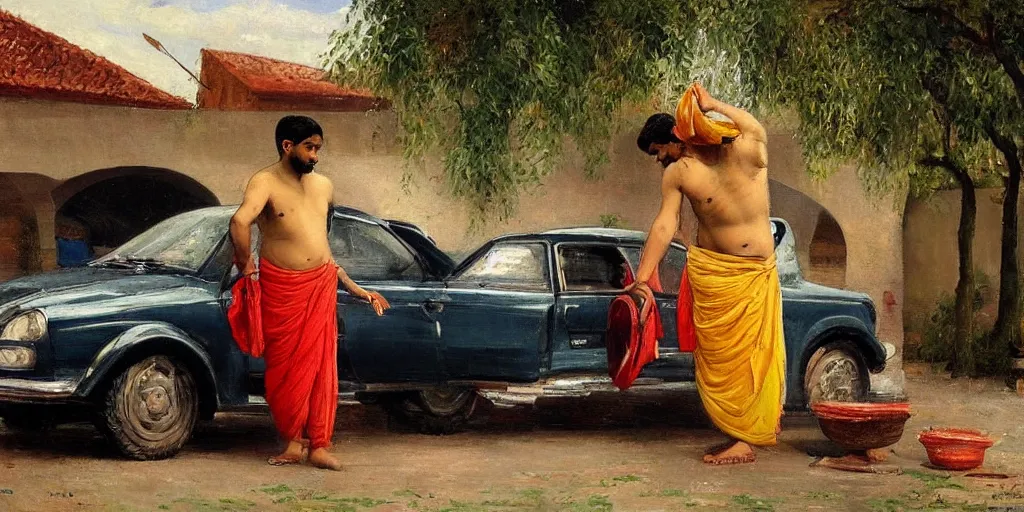 Image similar to man washing his car in the style of raja ravi verma, ultra detailed, high detail, impressionism,