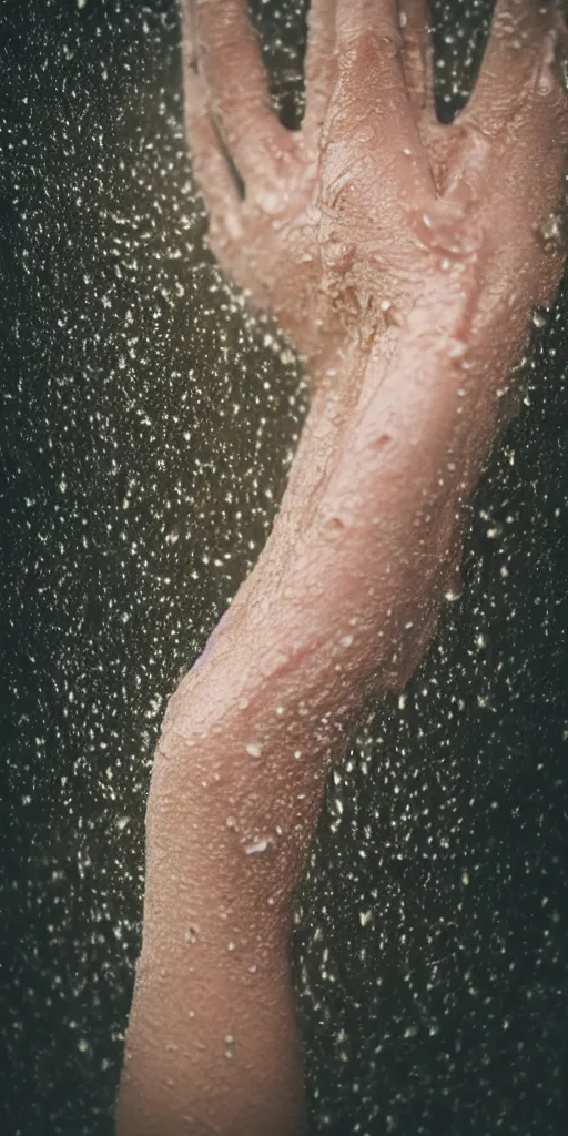 Prompt: a blurry closeup picture of woman's skin gripped tightly, dripping wet, female bodies, hands, macro photography, long exposure photograph, surrealism, anamorphic bokeh, atmospheric lighting, cinematic