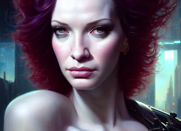 Image similar to portrait shot of a christina hendricks in cyberpunk 2 0 7 7, intricate, elegant, highly detailed, centered, digital painting, artstation, concept art, smooth, sharp focus, illustration, artgerm, tomasz alen kopera, peter mohrbacher, donato giancola, joseph christian leyendecker, wlop, boris vallejo