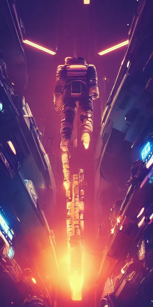 Prompt: professional photo of astronaut standing close to camera from low angle shot, cyberpunk, synthwave, blade runner, hyperrealistic masterpiece, trending on artstation, cgsociety, kodakchrome, golden ratio, cinematic, composition, beautiful lighting, hyper detailed, sharp focus, octane render, 4 k, unreal engine