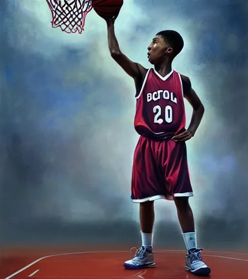 Image similar to portrait of a boy at a basketball court playing basketball wearing a basketball uniform in a basketball court standing near the basketball hoop, painted in 2040, intense emotion, detailed facial expression, detailed surroundings, intricate, elegant, highly detailed, centered, digital painting, artstation, concept art, smooth, sharp focus, illustration, by (Peter Mohrbacher), WLOP