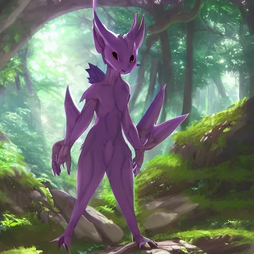 Prompt: concept art painting of an anthropomorphic purple anime anthro dragon, in the deep forest, realistic, detailed, cel shaded, in the style of makoto shinkai and greg rutkowski and james gurney