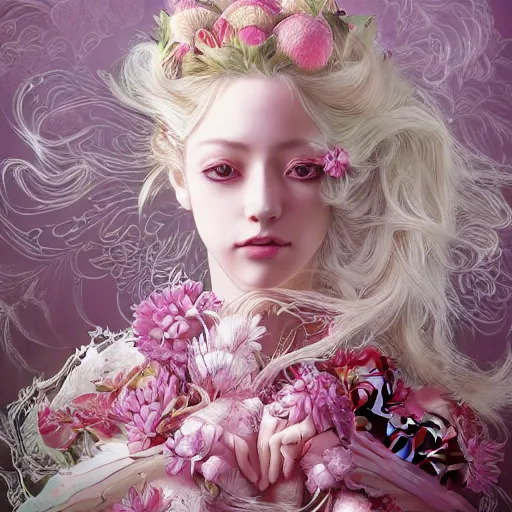 Prompt: the portrait of an absurdly beautiful, graceful, elegant, sophisticated, fashionable young gravure idol made of strawberries and white petals long pink hair, an ultrafine hyperdetailed illustration by kim jung gi, irakli nadar, intricate linework, bright colors, octopath traveler, final fantasy, unreal engine highly rendered, global illumination, radiant light, intricate environment