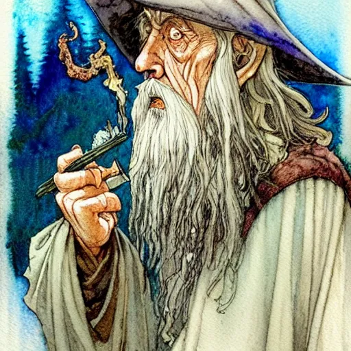 Image similar to a realistic and atmospheric watercolour fantasy character concept art portrait of gandalf with bloodshot eyes looking confused and smoking weed out of his pipe with a pot leaf nearby, by rebecca guay, michael kaluta, charles vess and jean moebius giraud