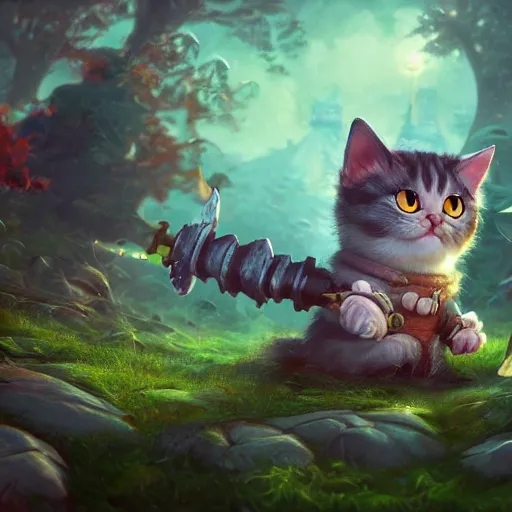 Image similar to super cute fantasy cat warrior 3D concept art by Gediminas Pranckevicius, ultra wide angle, glowing effect, beautiful detailed, face very realistic, Game Art, hyper detailed, no background, cartoon, cinematic, raytrace, Trend on artstation, C4D