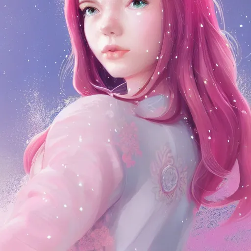 Prompt: teen girl, pink hair, gorgeous, amazing, elegant, intricate, highly detailed, snowy background, digital painting, artstation, concept art, sharp focus, illustration, art by Ross tran