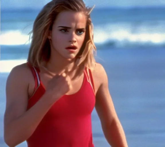 Prompt: color still shot of emma watson natalie portman hybrid on baywatch 1 9 8 9 tv show, running, face closeup,