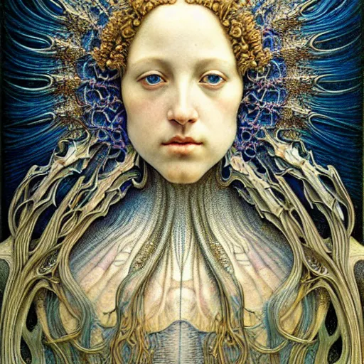 Image similar to detailed realistic beautiful young medieval queen face portrait by jean delville, iris van herpen and marco mazzoni, art forms of nature by ernst haeckel, art nouveau, symbolist, visionary, gothic, pre - raphaelite