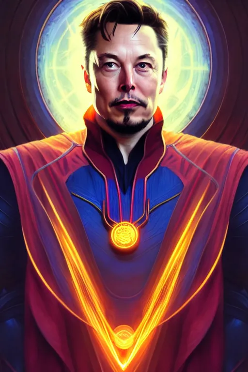 Image similar to elon musk as dr strange, realistic portrait, symmetrical, highly detailed, digital painting, artstation, concept art, smooth, sharp focus, illustration, cinematic lighting, art by artgerm and greg rutkowski and alphonse mucha