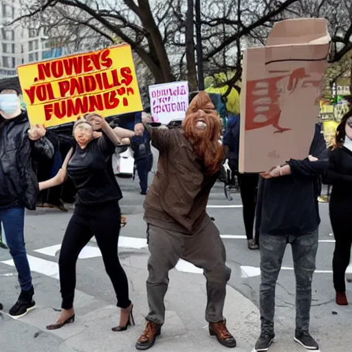 Prompt: NYTimes article: famous celebrities protesting in front of Mcdonalds over fry shortage