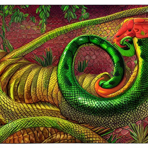 Prompt: anthropomorphic naga snake - like creature, upper chest resembling the one of a female human but with scales, lower belly onwards the tail of a snake. drawn like a furry art piece, looking directly at the viewer, their eyes a multitude of colors. the background is an endless jungle. snake, naga, furry, digital art, hd
