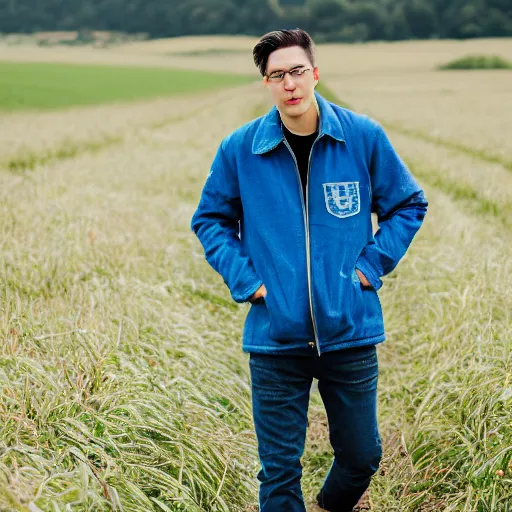 Image similar to steven bonnell ii in a blue jacket walking in a field, portrait photography, sony a 7 siii