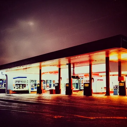 Image similar to “gas station photography,night,rain, various subjects, cinestill 800t, in the style of William eggleston”