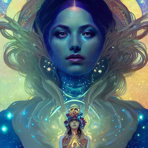 Image similar to portrait of a cosmic goddess, suit made out of stars and galaxies and cosmic energy, intricate, headshot, highly detailed, digital painting, artstation, concept art, sharp focus, cinematic lighting, illustration, art by artgerm and greg rutkowski, alphonse mucha, cgsociety