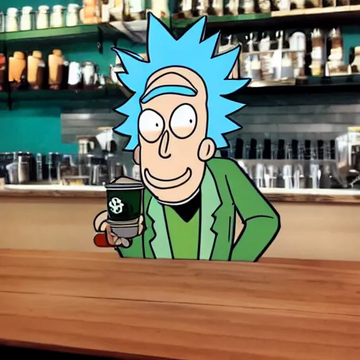 Prompt: Rick Sanchez at starbucks in the style of rick and morty