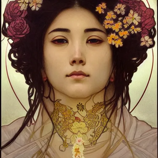 Prompt: beautiful eyes raining flowers bodhisattva, praying meditating, elegant, portrait art by greg rutkowski and alphonse mucha