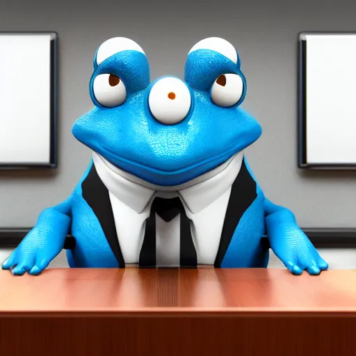 Image similar to octane render professional portrait of a blue frog wearing a suit sitting in an office,