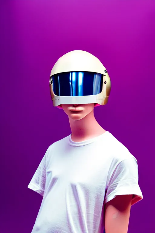 Image similar to a high definition film photograph of a normal androgynous robot human wearing a plain white t - shirt, in a pastel pink room. happy. metal visor covering eyes. metallic shiny gold coloured helmet. crushed shadows.