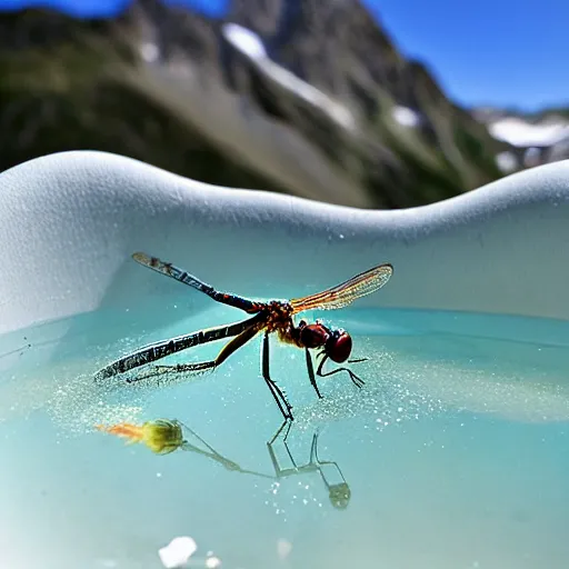 Image similar to dragonfly in a bathtub in the alps, libertine!! in background