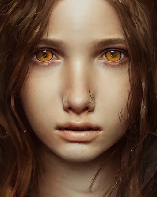 Image similar to portrait of 1 5 - year - old girl with thick brown hair, large front teeth, and bright piercing brown eyes, hyper realistic face, beautiful eyes, fantasy art, in the style of greg rutkowski, intricate, hyper detailed, smooth