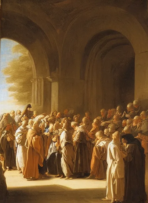 Image similar to elisabeth louise vigee - le brun painting of crowd of medieval monks raising new magical glowing spirit, old master painting with stunning lighting and details photoreal dusk sun lit light,