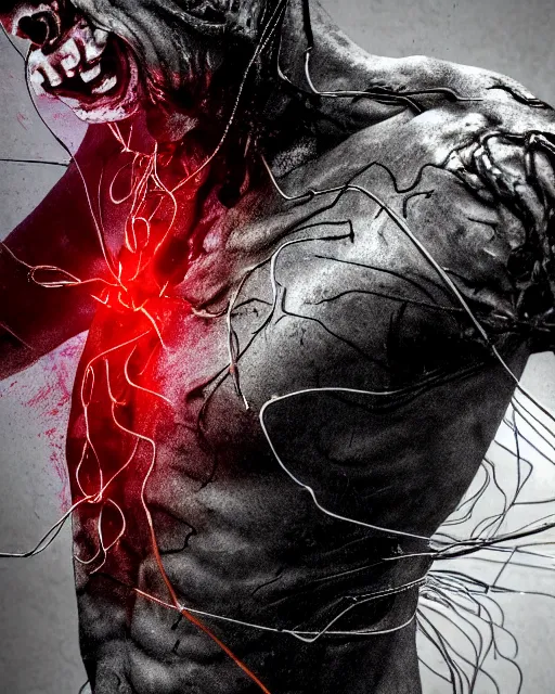 Image similar to a soldier writhing in pain with bloody wires bursting out of their right arm in the style of david cronenberg trending on artstation deviantart pinterest hyper detailed photorealistic highlights and shadow hd 8 k post - processing high resolution