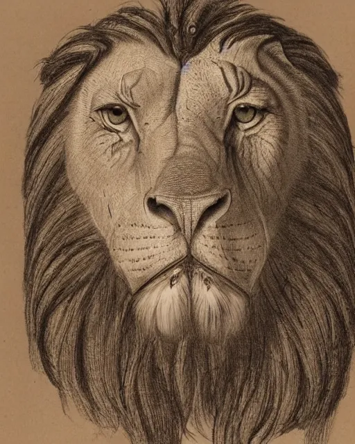 Prompt: mix of face of an eagle, face of an lion, face of an ox, face of an human, in one creature. drawn by da vinci