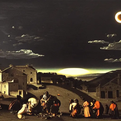 Image similar to dark solar eclipse, above a village, highly detailed, studio 4 k quality, by caravaggio