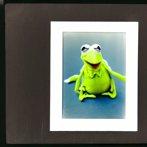 Prompt: Kermit the fish, polaroid photo, instax, white frame, by Warhol,