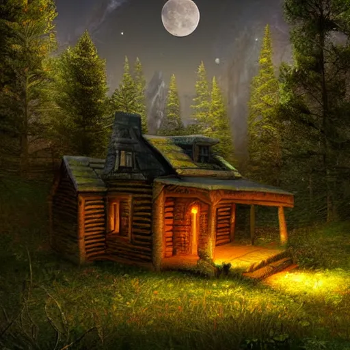 Prompt: highly detailed landscape of a small cabin in a forest at the start of a mountain, at night, full moon, digital art