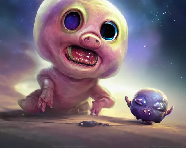 Image similar to 3D Fantasy Cute and adorable small alien piggy in space, huge adorable eyes, bright stars, Smooth 3D Illustration, soft render, Servando Lupini, Daniil Kudriavtsev, handpaint texture, Blender, 3DCoat