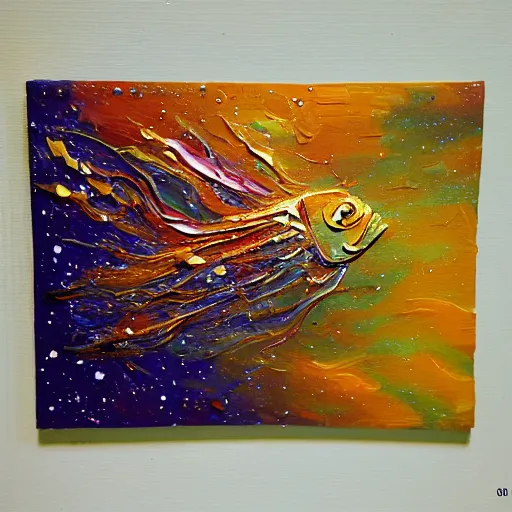 Image similar to fish floating in space, impasto painting