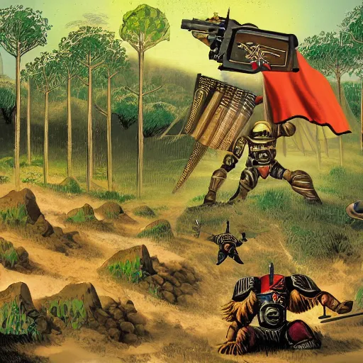 Image similar to ottoman imperium space marine, lush pastoral woodland scene, pulp science fiction illustration