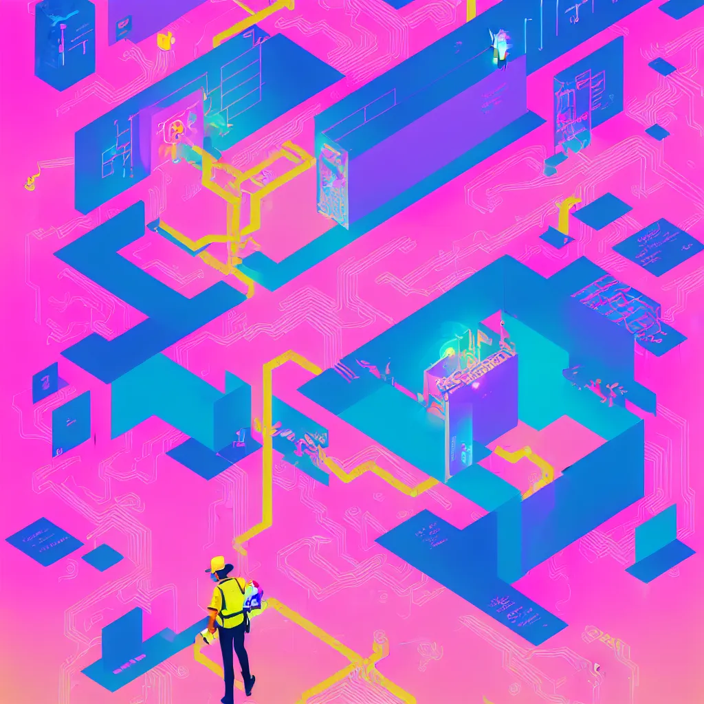 Image similar to illustration of a data-center architecture or schema, security agent with pink hat, datastream or river, painting by Jules Julien, Leslie David and Lisa Frank and Peter Mohrbacher and Alena Aenami and Dave LaChapelle muted colors with minimalism