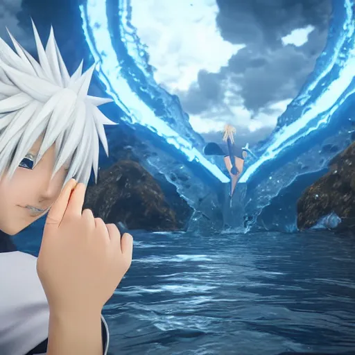 Image similar to a white haired anime character holding out his hand in front of a body of water, a screenshot by michelangelo, deviantart contest winner, vanitas, official art, unreal engine 5, unreal engine. kingdom hearts opening. kingdom hearts cinematic.