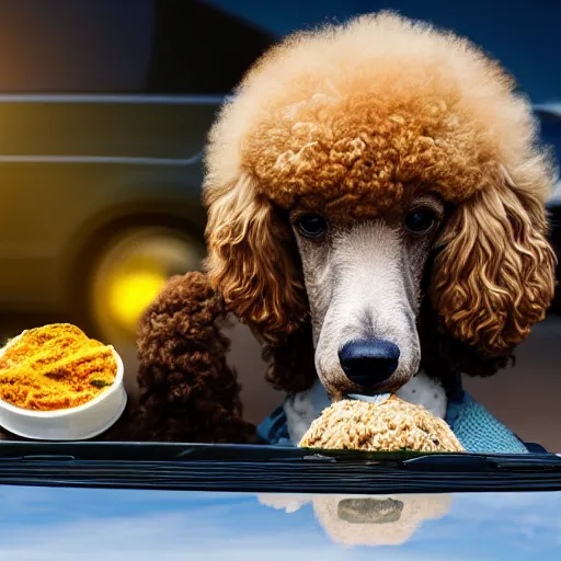 Prompt: a closeup photorealistic photograph of a poodle eating from a jar of mustard. toyota prius is in the background. professional capture. brightly lit scene. this 4 k hd image is trending on artstation, featured on behance, well - rendered, extra crisp, features intricate detail, epic composition and the style of unreal engine.