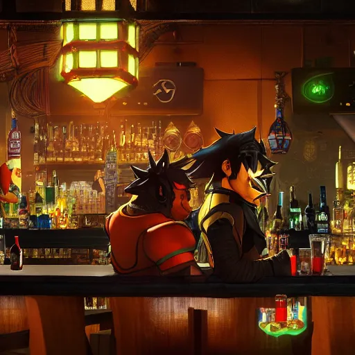 Image similar to an ultra detailed illustration of shadow the hedgehog and bowser sitting in a bar drinking beer, dive bar with a karaoke machine, volumetric lighting, 4 k, octane render, art by greg rutkowski and alphonse mucha and andreas rocha and albert bierstadt