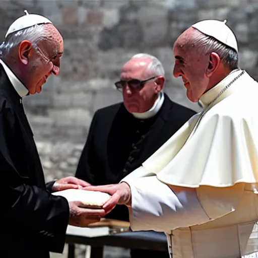 Image similar to the pope giving out communion to a fascist, 8k