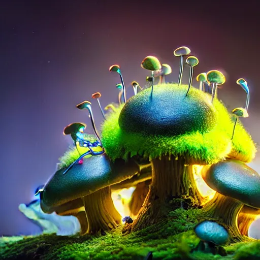 Image similar to a beautiful macro photography of luminescence moss with fungus and neon mushroom with real little bugs and giant ants, hyper detailed, warm volumetric lights, made by gerald brom and mike winkelmann, photorealism