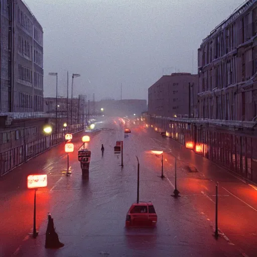 Image similar to 1990s movie , orbit space soviet city Norilsk street with many pedestrians as a loading screen , Cinestill 800t 18mm, heavy grainy picture, very detailed, high quality, 4k panoramic, dramatic lightning, streetlight at night, rain, mud, foggy, soviet flags