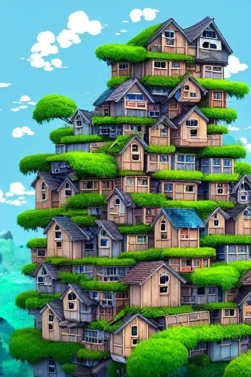 Prompt: stacked houses, solarpunk, studio ghibli, 4 k