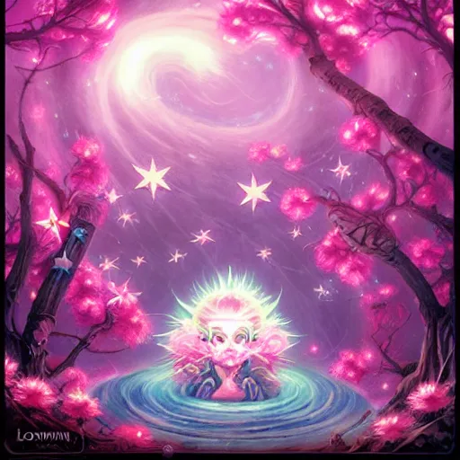 Image similar to magic the gathering lorwyn elemental, pink, flower blossoms, stars, night sky, hyper detailed, kawaii, by jacek yerka, lewandowski, hopper and gilleard, ryden, wolfgang lettl, hints of yayoi kasuma