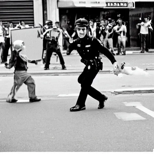 Image similar to a young man throwing a rabbit at a riot cop, leica m 9, voigtlander 3 5 mm, 1 9 6 0 s