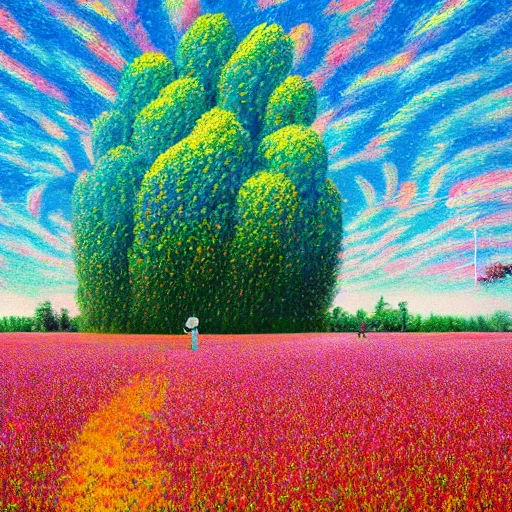 Image similar to gigantic flower face, girl standing in flower field, surreal photography, big trees, sunrise dramatic light, impressionist painting, colorful clouds, digital painting, pointillism, artstation, simon stalenhag