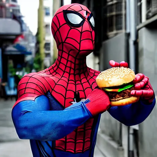 Image similar to Blue Spider-Man eating a cheeseburger, photograph