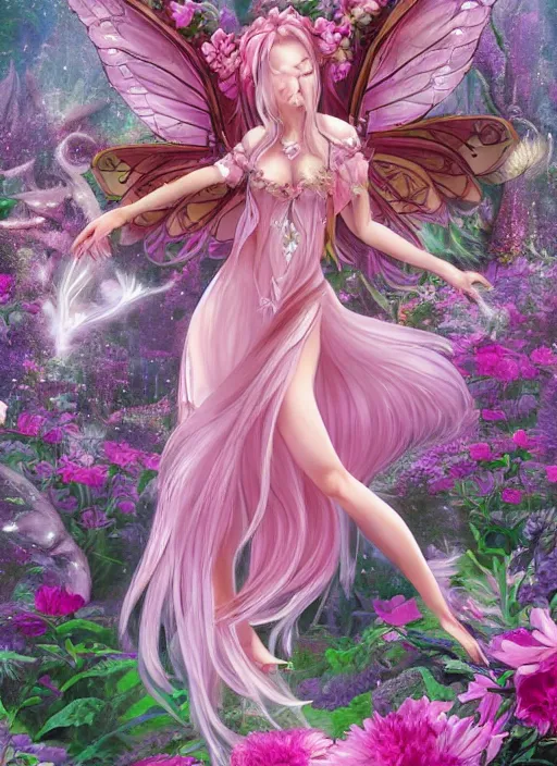 Image similar to full body d & d style of a pink beautiful fairy with large wings and flowing hair and beautiful face wearing clothing is exploring her flower garden, extremely detailed, 4 k