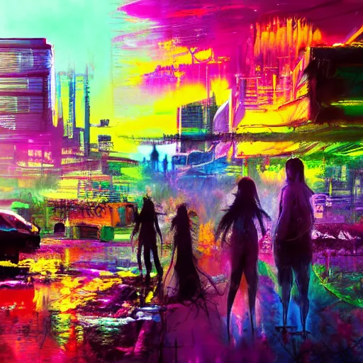 Prompt: acrylic painting, impressionism and expressionism, strong emotional impact, bold pastel colors, expressive brushstrokes, overall sense of movement in the composition. tie - dye hippie bohemian encampment with a garden. cyberpunk art by liam wong, cgsociety, panfuturism, cityscape, utopian art, anime aesthetic