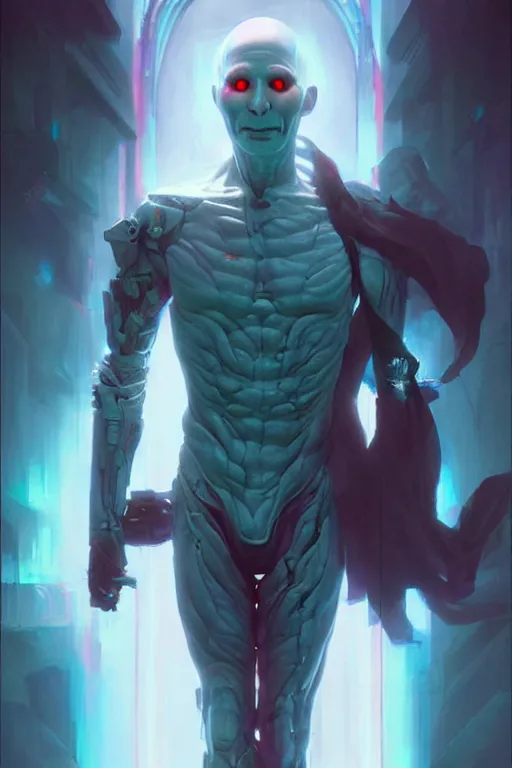 Prompt: cyborg Lord Voldemort without nose in cyberpunk, neon lighting, digital art from artstation by Ruan Jia and Mandy Jurgens and Artgerm and william-adolphe bouguereau and Greg Rutkowski and Wayne Barlowe