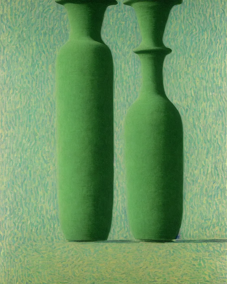Prompt: achingly beautiful print of intricately painted ancient greek lekythos on a green pastel background by rene magritte, monet, and turner.