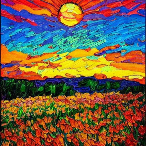 Prompt: a painting of a sunset over a field of flowers, an oil painting by erin hanson, deviantart, american impressionism, rich color palette, impressionism, fauvism